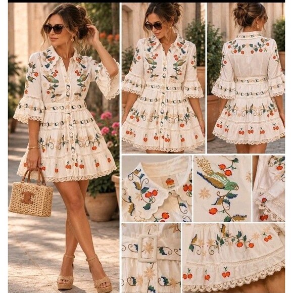 FARM Rio Dresses & Skirts - FARM Rio Embroidered Parrot Shirt Dress S White Multicolor Belted Lace Trim